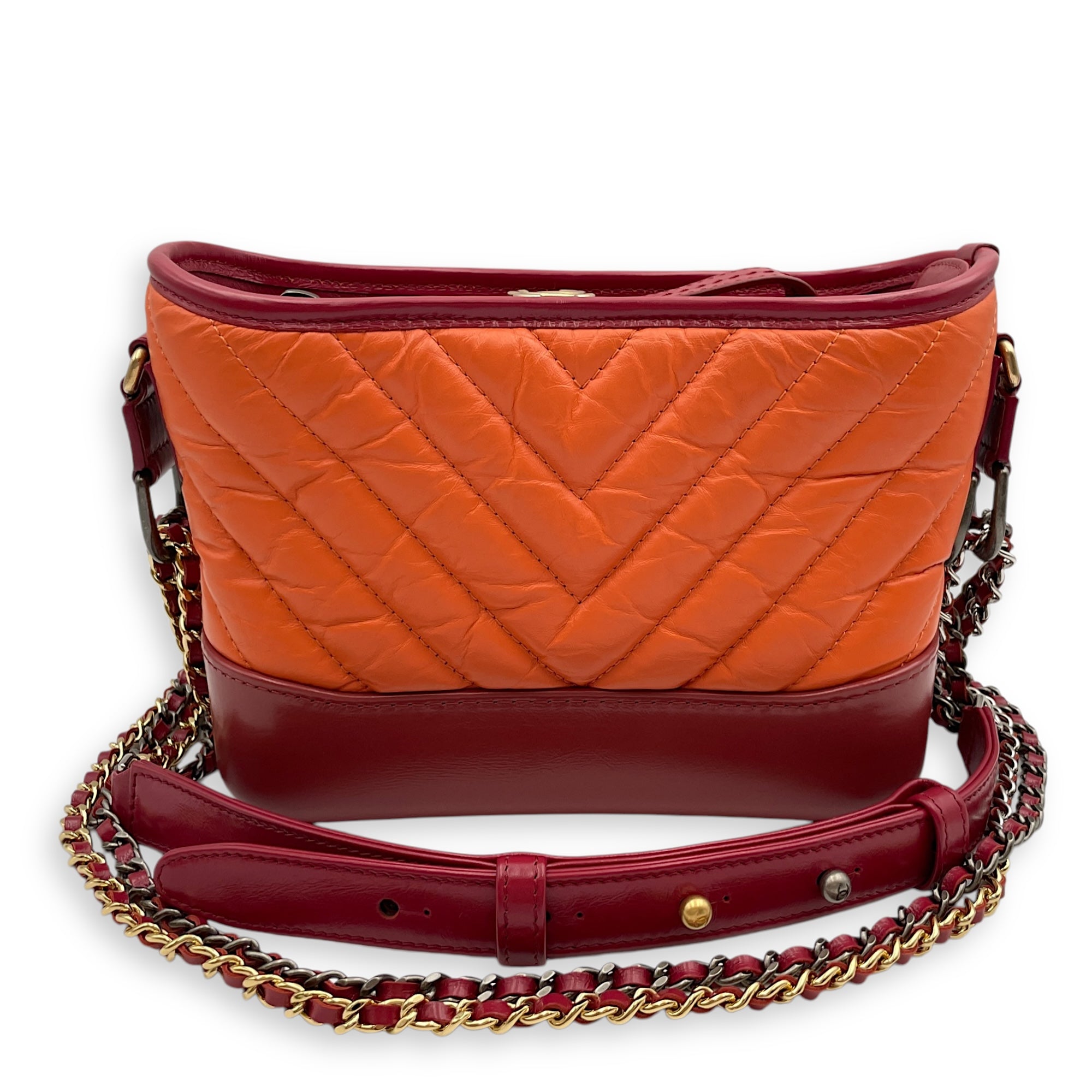 Chevron Gabrielle Small Red, Orange Crossbody Bag in Distressed Leather, 3-Tone hardware