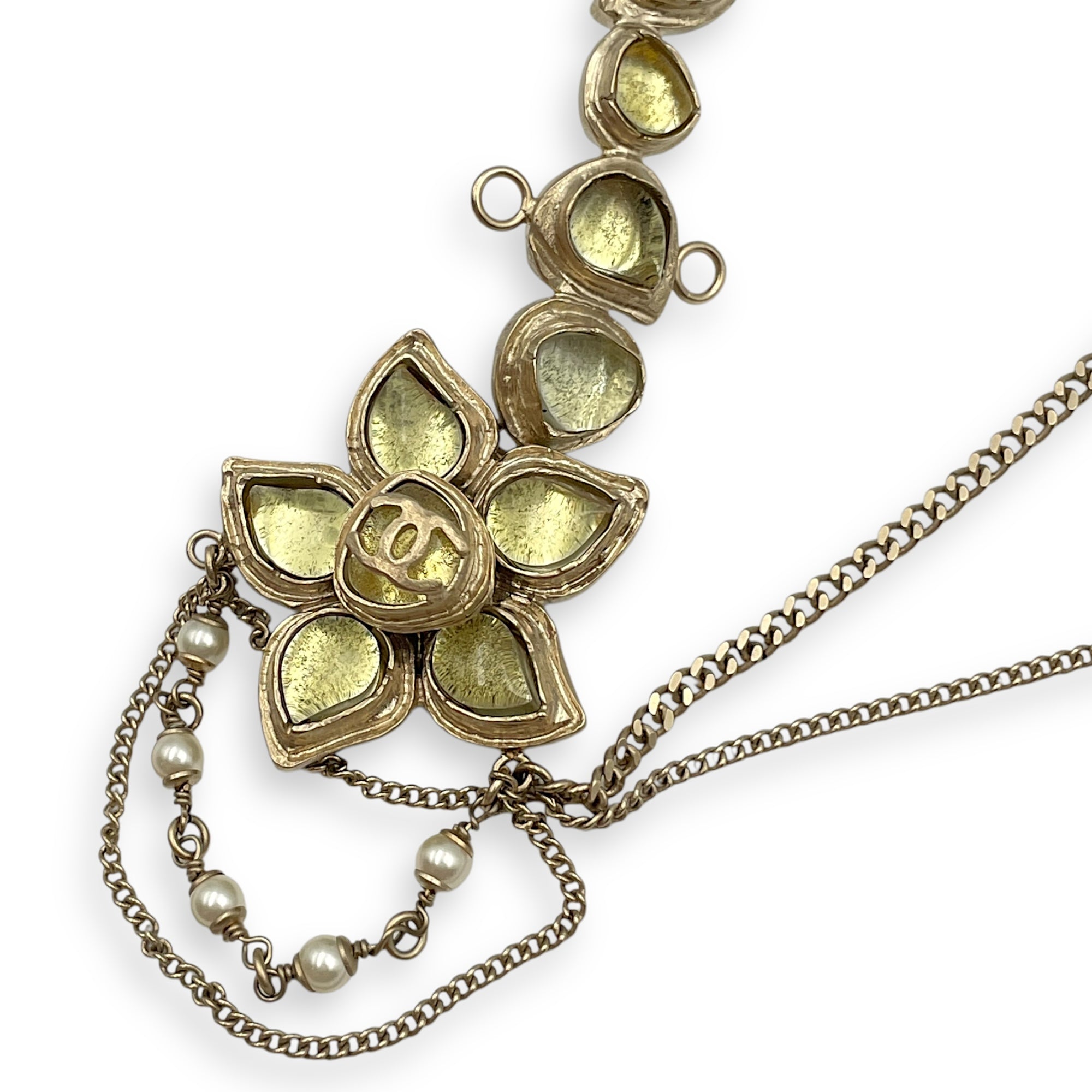 12A Paris-Bombay Flower Yellow Headpiece in Resins, Pearls, Gold hardware