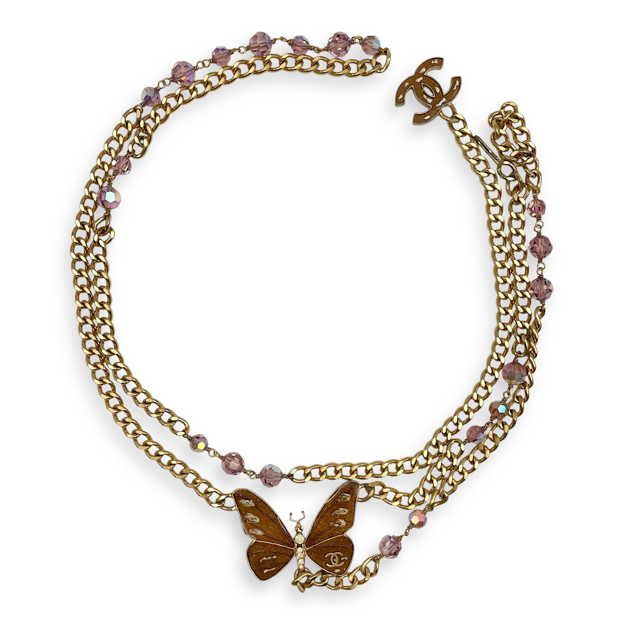 07P Mauve Butterfly Brown Chain Belt in Resins, Beads, Gold hardware