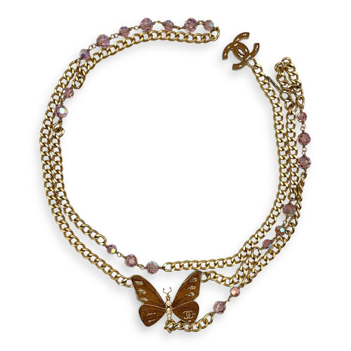 07P Mauve Butterfly Brown Chain Belt in Resins, Beads, Gold hardware