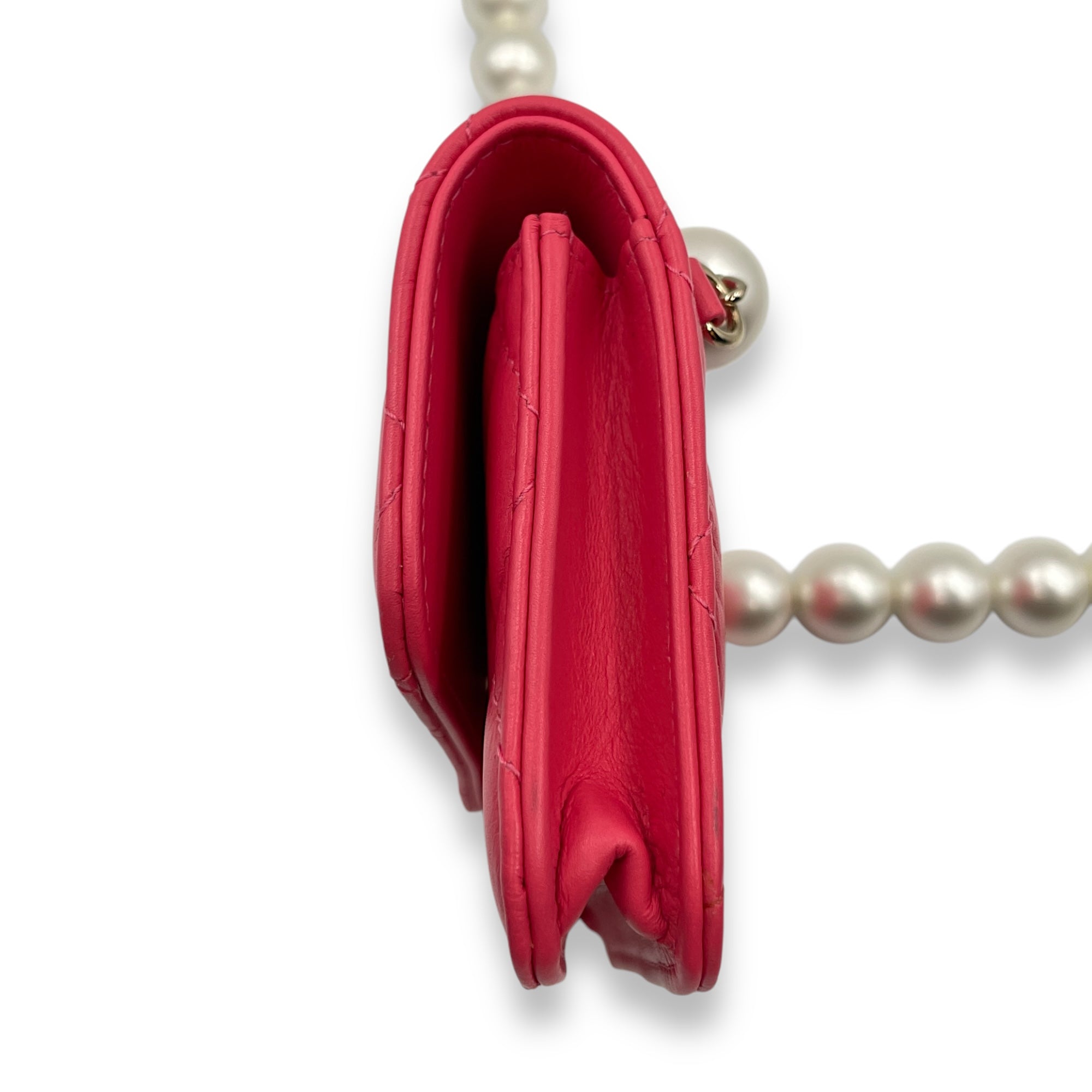 Quilted Vanity With Pearl Strap Mini Pink Crossbody Bag in Lambskin, Pearls, Gold hardware