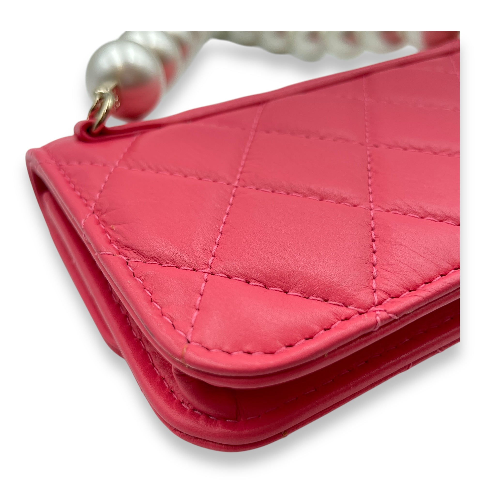 Quilted Vanity With Pearl Strap Mini Pink Crossbody Bag in Lambskin, Pearls, Gold hardware