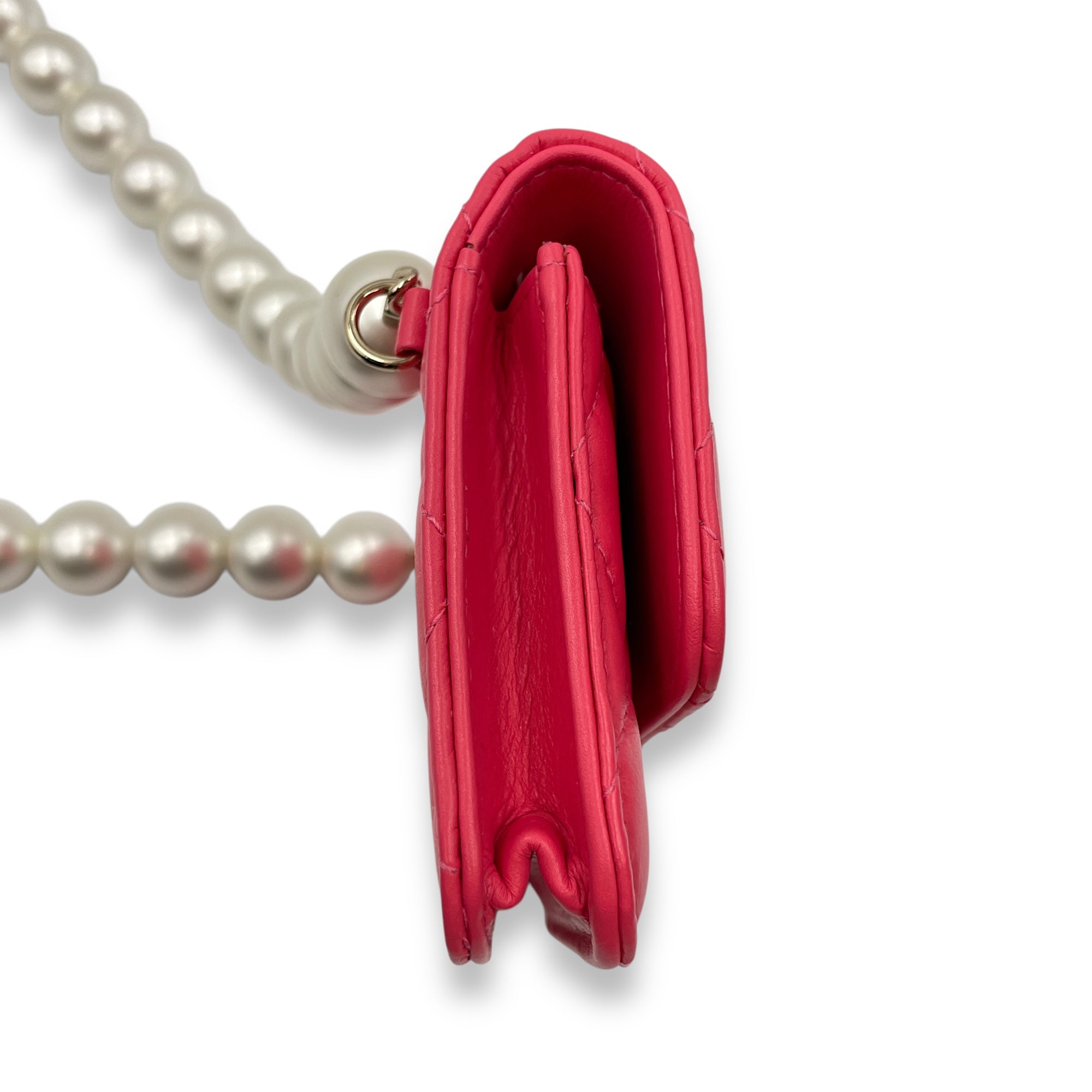 Quilted Vanity With Pearl Strap Mini Pink Crossbody Bag in Lambskin, Pearls, Gold hardware