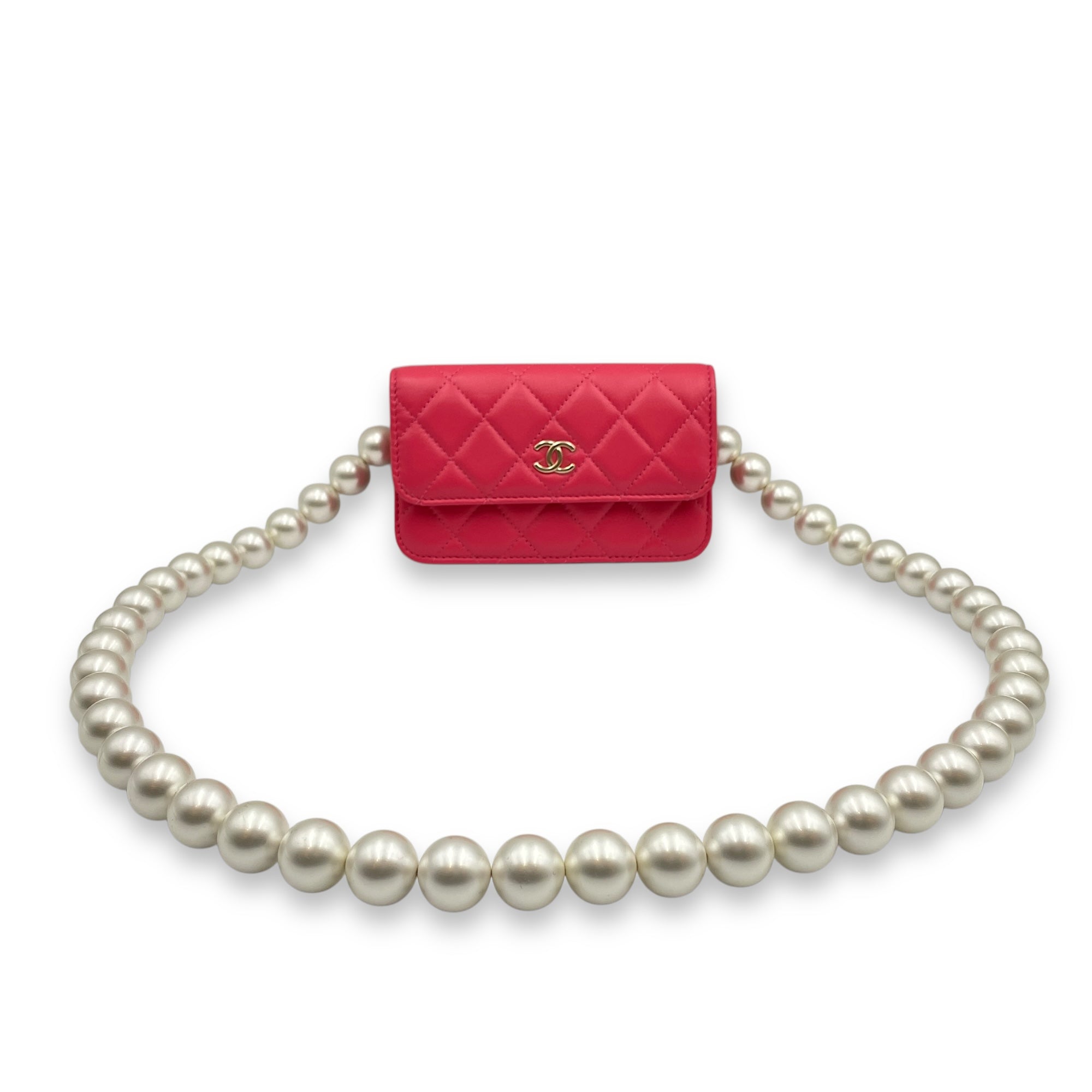 Quilted Vanity With Pearl Strap Mini Pink Crossbody Bag in Lambskin, Pearls, Gold hardware