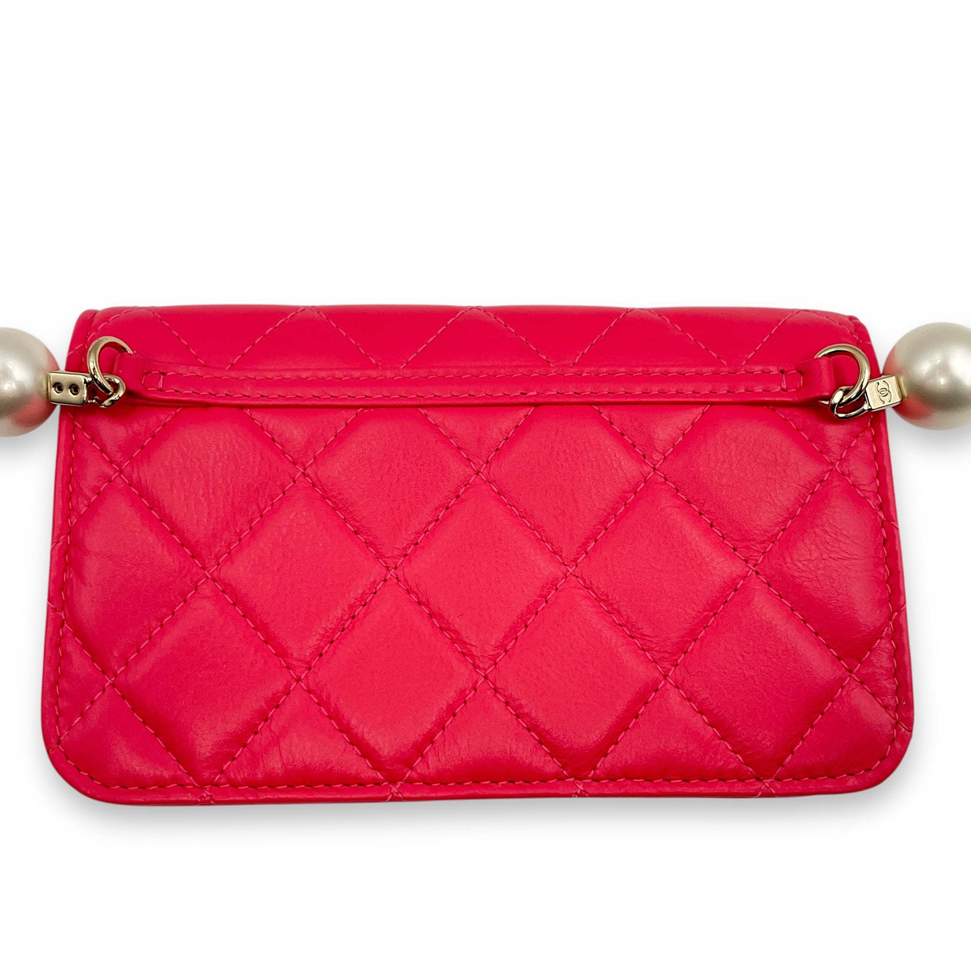 Quilted Vanity With Pearl Strap Mini Pink Crossbody Bag in Lambskin, Pearls, Gold hardware