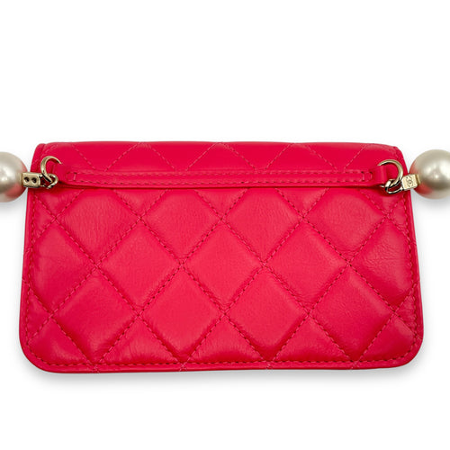 Quilted Vanity With Pearl Strap Mini Pink Crossbody Bag in Lambskin, Pearls, Gold hardware