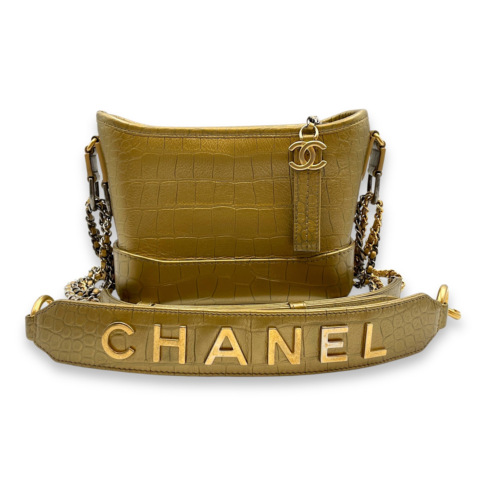 Gabrielle Small Gold Crossbody Bag in Croc Embossed Calf, 3-Tone hardware