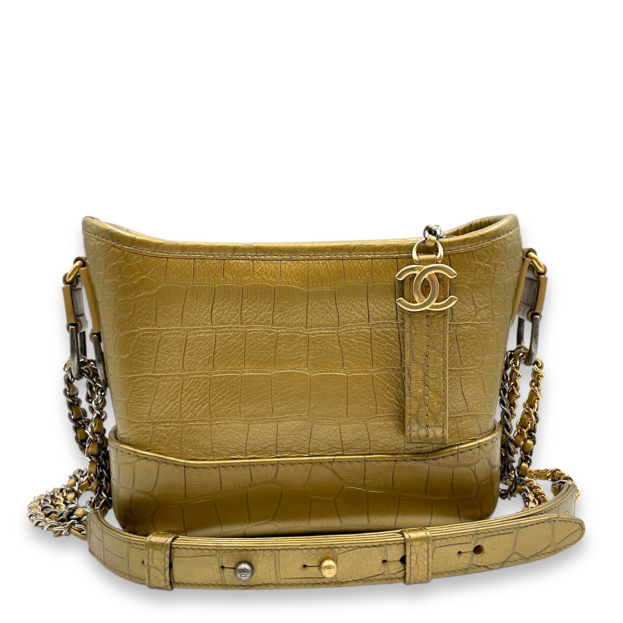 Gabrielle Small Gold Crossbody Bag in Croc Embossed Calf, 3-Tone hardw