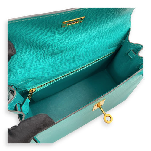 Sellier Kelly 25 Blue Paon in Epsom, Gold hardware