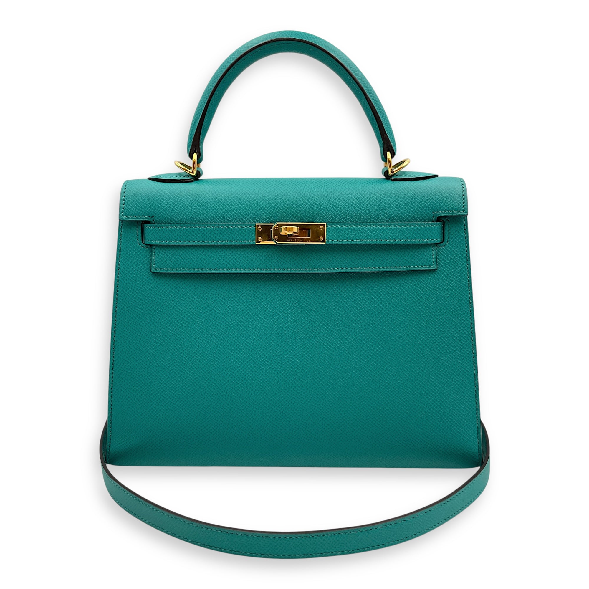 Sellier Kelly 25 Blue Paon in Epsom, Gold hardware