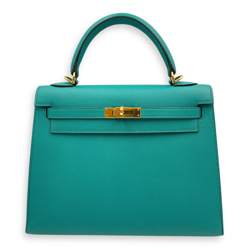 Sellier Kelly 25 Blue Paon in Epsom, Gold hardware