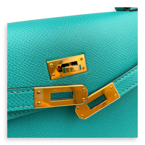 Sellier Kelly 25 Blue Paon in Epsom, Gold hardware