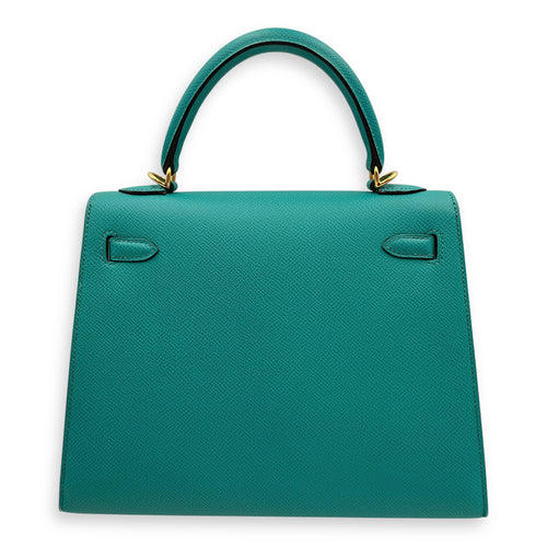 Sellier Kelly 25 Blue Paon in Epsom, Gold hardware