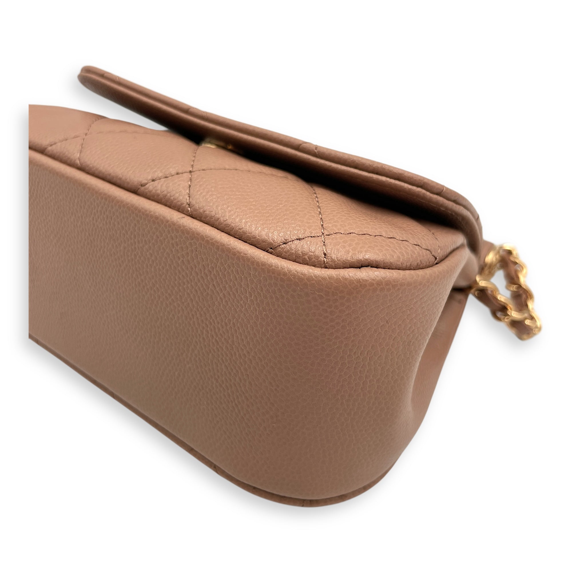 Quilted Frame Clutch-On-Chain 14x12x5.5cm Dark Beige Crossbody Bag in Caviar Leather, Gold hardware