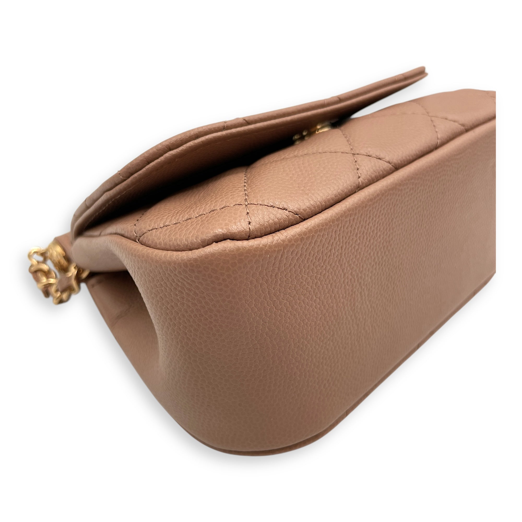 Quilted Frame Clutch-On-Chain 14x12x5.5cm Dark Beige Crossbody Bag in Caviar Leather, Gold hardware