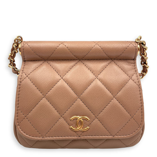 Quilted Frame Clutch-On-Chain 14x12x5.5cm Dark Beige Crossbody Bag in Caviar Leather, Gold hardware