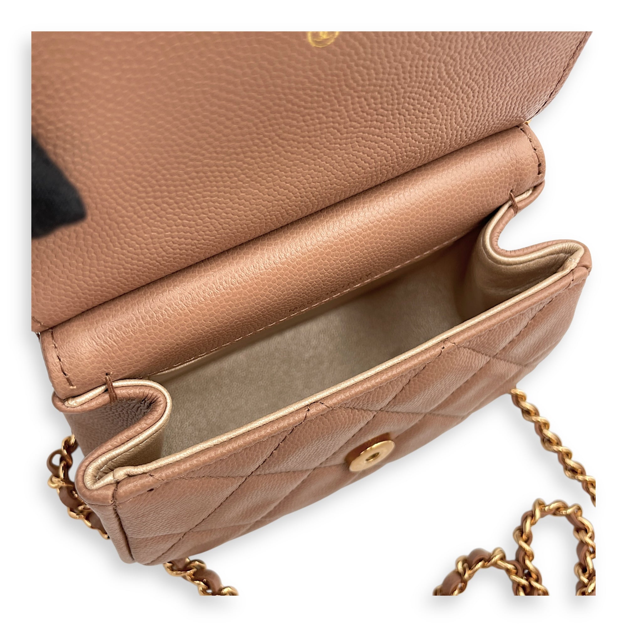 Quilted Frame Clutch-On-Chain 14x12x5.5cm Dark Beige Crossbody Bag in Caviar Leather, Gold hardware