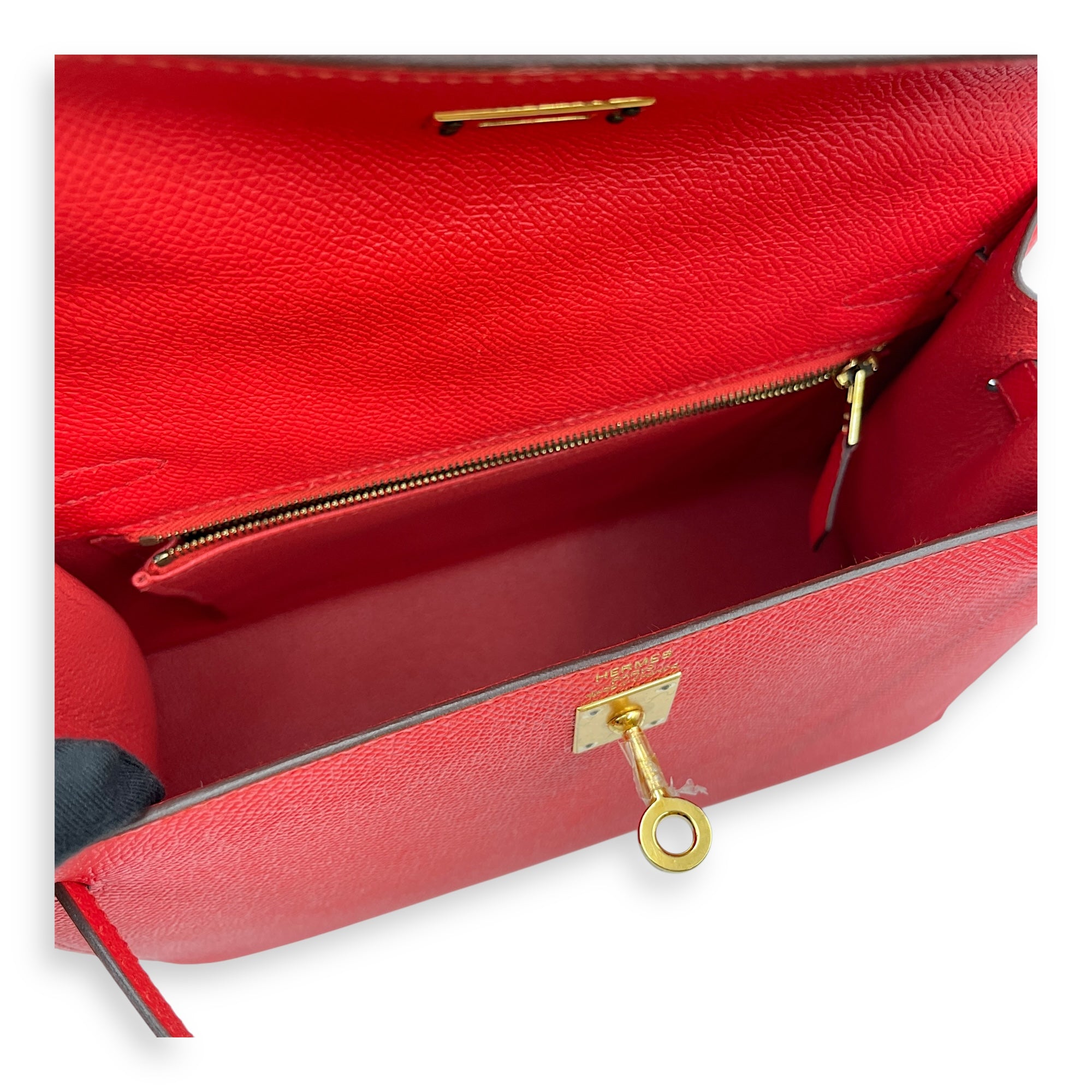 Sellier Kelly 25 Rouge Tomate in Epsom, Gold hardware