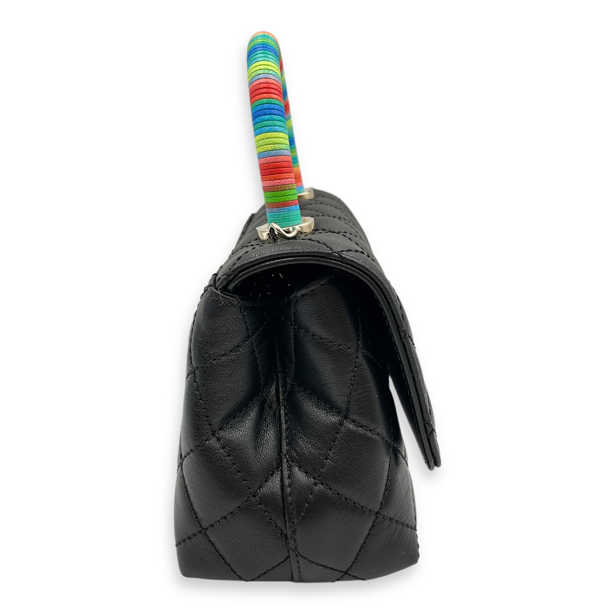 Quilted Coco Handle with Rainbow Handle Mini Black Crossbody Bag in Calfskin, Gold hardware