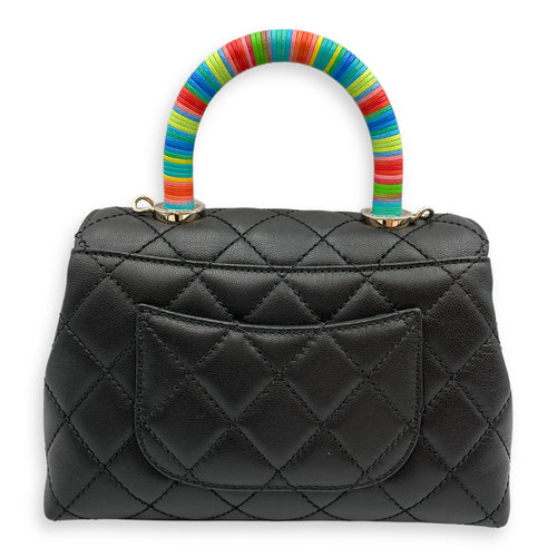 Quilted Coco Handle with Rainbow Handle Mini Black Crossbody Bag in Calfskin, Gold hardware