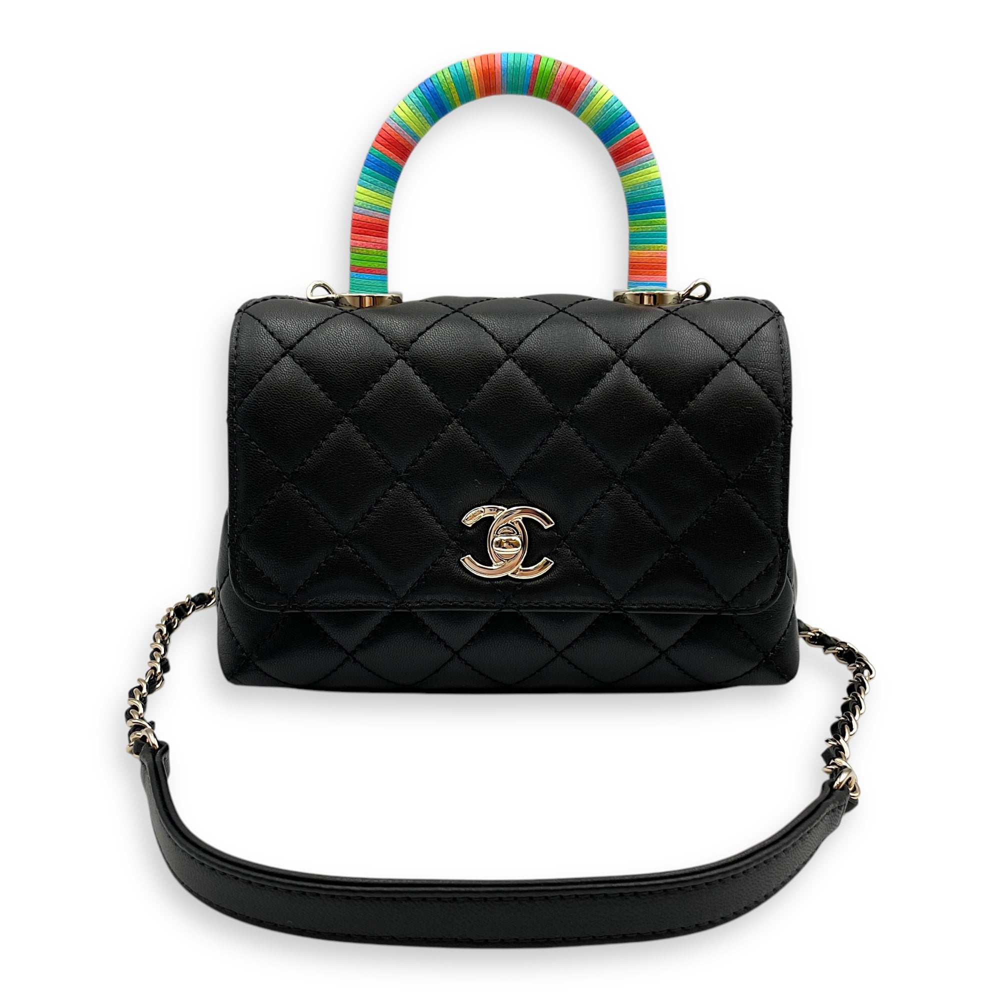 Quilted Coco Handle with Rainbow Handle Mini Black Crossbody Bag in Calfskin, Gold hardware