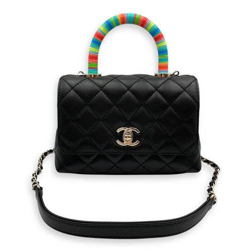 Quilted Coco Handle with Rainbow Handle Mini Black Crossbody Bag in Calfskin, Gold hardware