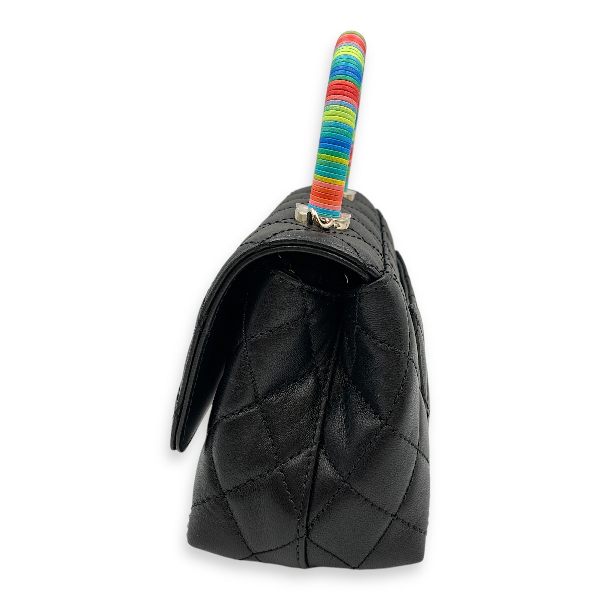 Quilted Coco Handle with Rainbow Handle Mini Black Crossbody Bag in Calfskin, Gold hardware