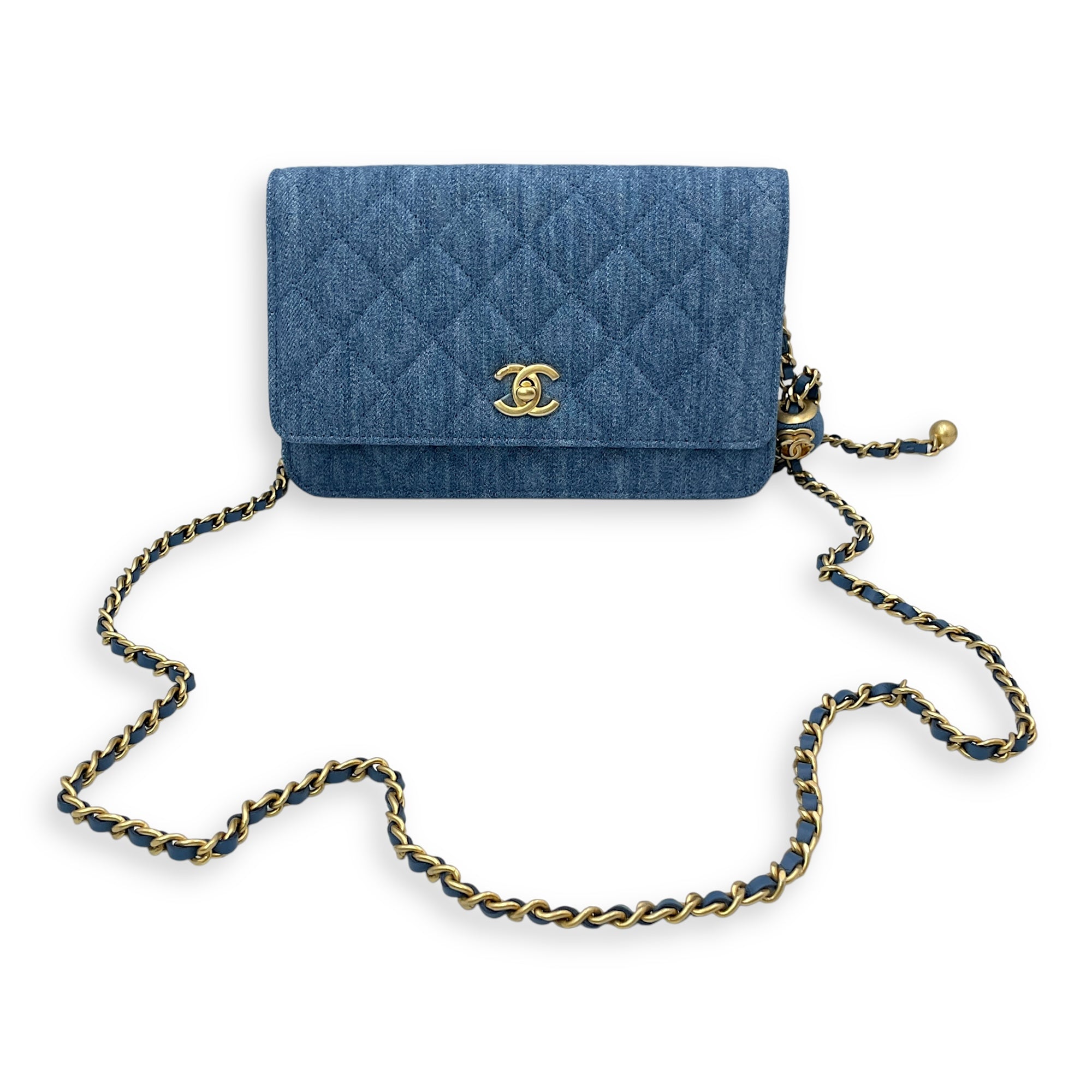 Pearl Crush Blue Wallet on Chain in Denim, Gold hardware