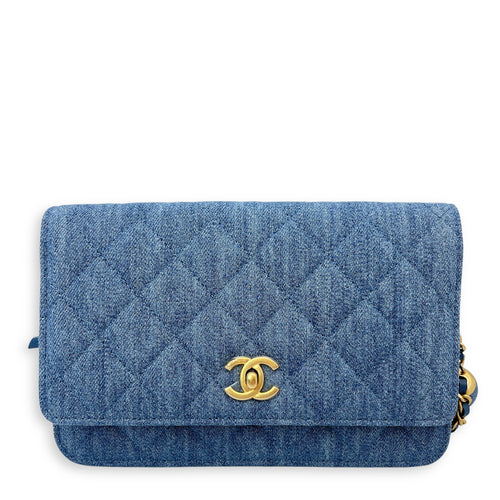 Pearl Crush Blue Wallet on Chain in Denim, Gold hardware