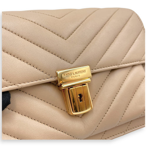 Matelassé Medium Beige Crossbody Bag in Calfskin, Gold hardware