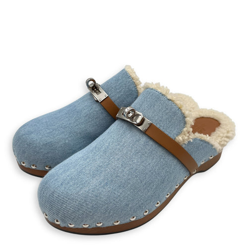 Carlotta 37 Blue Mules in Denim, Palladium hardware