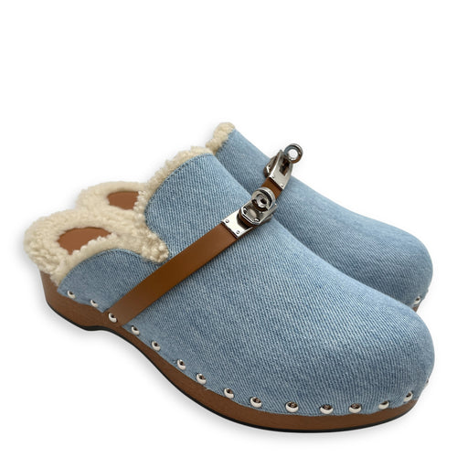 Carlotta 37 Blue Mules in Denim, Palladium hardware
