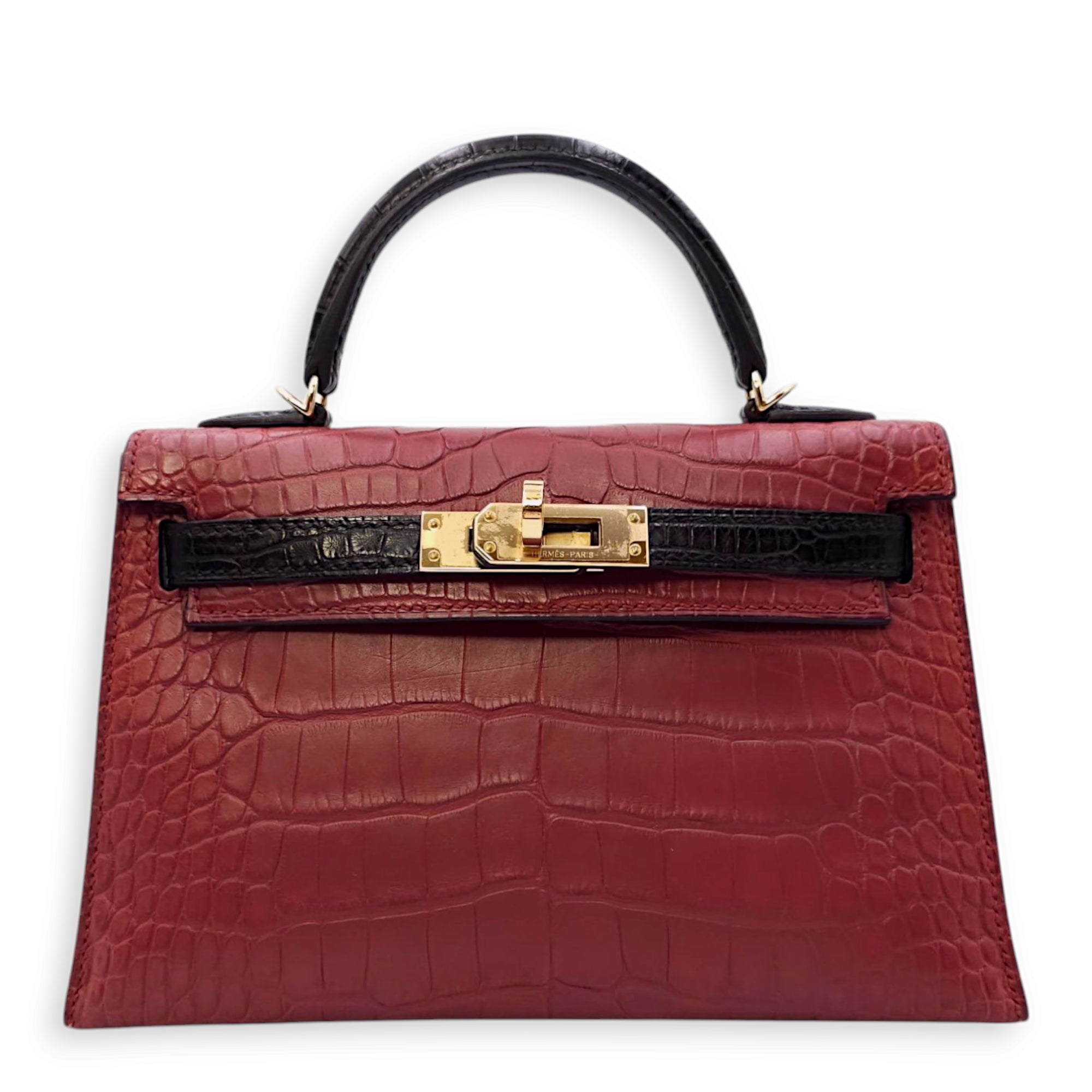 HSS Sellier Kelly 20 Rouge H/Black in Matte Alligator, Permabrass hard