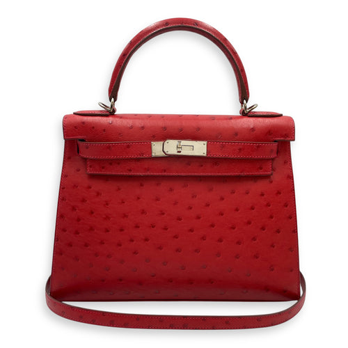 Sellier Kelly 28 Rouge Vif in Ostrich, Palladium hardware