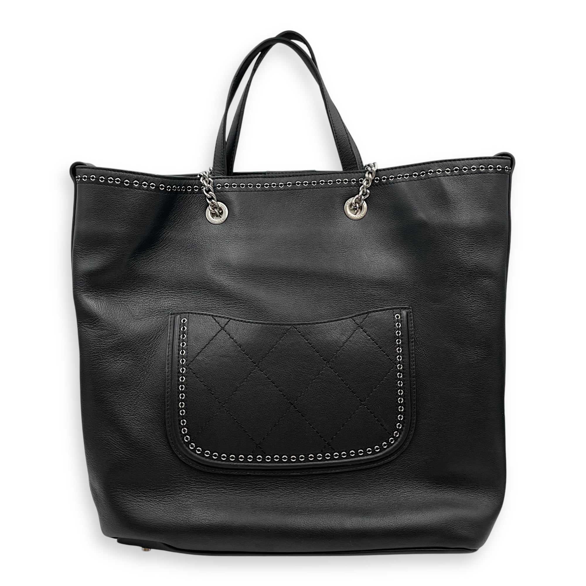 Eyelet Large Black Shoulder Bag in Calfskin, Silver hardware