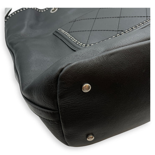 Eyelet Large Black Shoulder Bag in Calfskin, Silver hardware