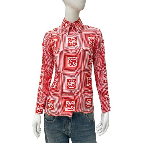 SS22 GG Plaid Logo Red/White Shirt in Silk