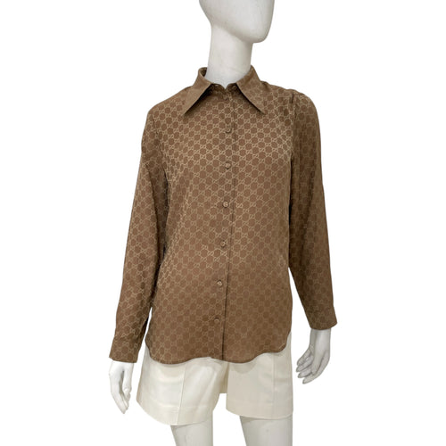 GG Print 40 Brown Long-sleeved Shirt in Silk