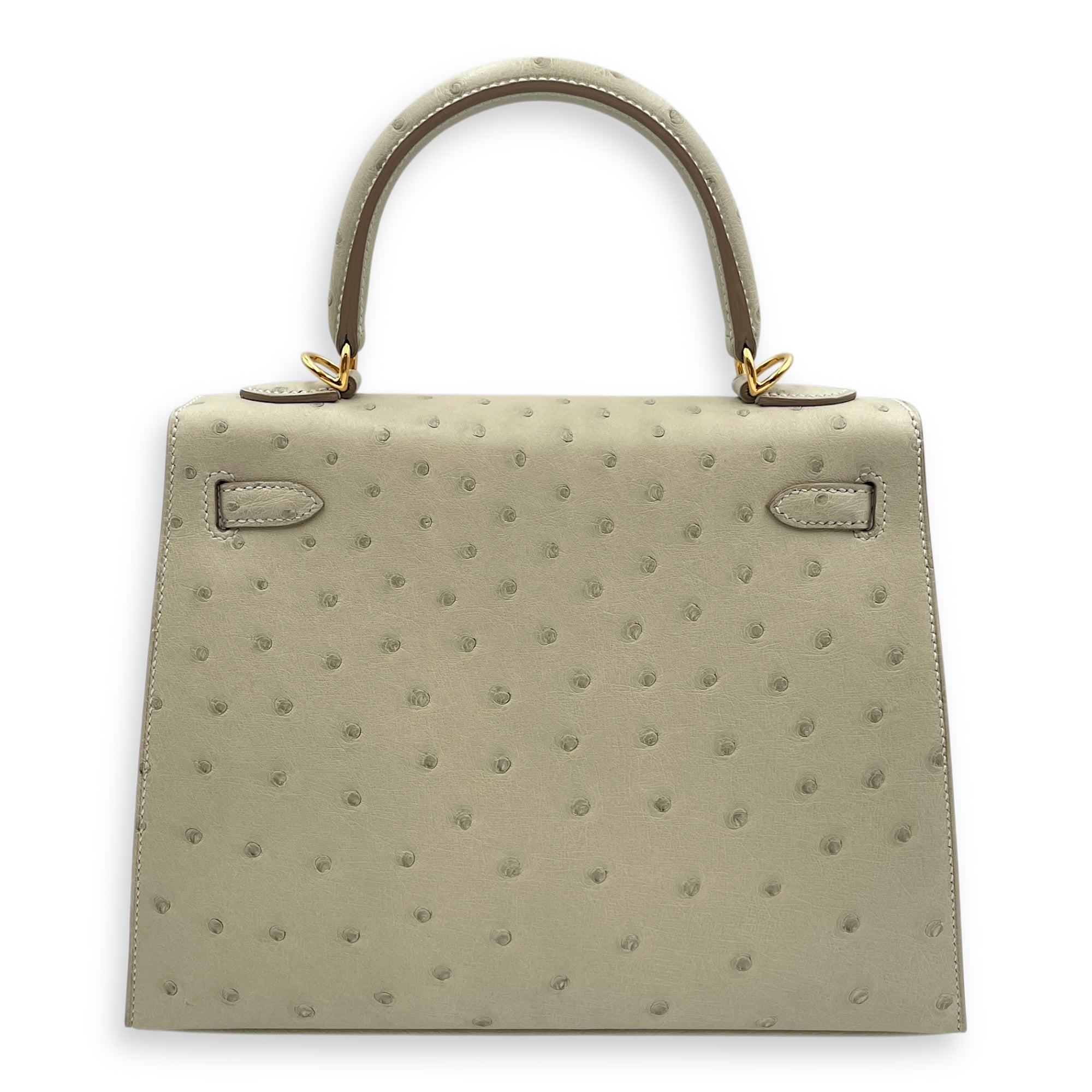 Sellier Kelly 25 Gris Perle in Ostrich, Gold hardware