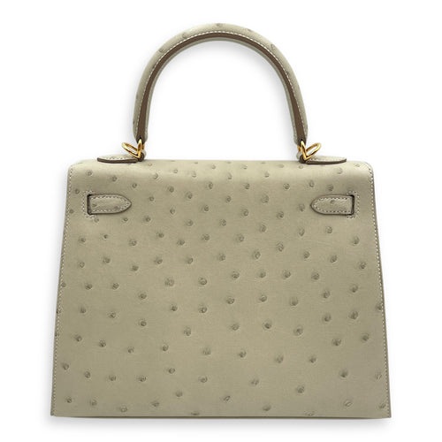 Sellier Kelly 25 Gris Perle in Ostrich, Gold hardware