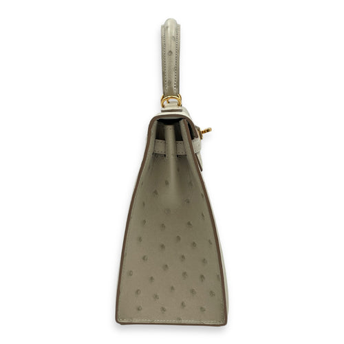 Sellier Kelly 25 Gris Perle in Ostrich, Gold hardware