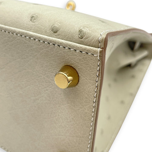 Sellier Kelly 25 Gris Perle in Ostrich, Gold hardware