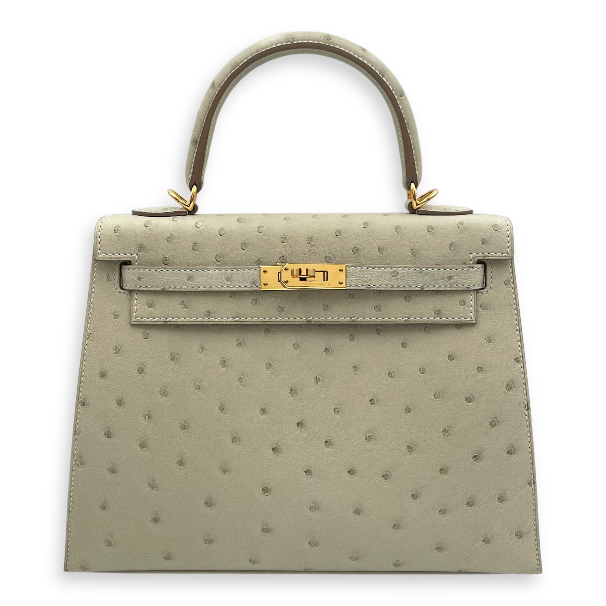 Sellier Kelly 25 Gris Perle in Ostrich, Gold hardware