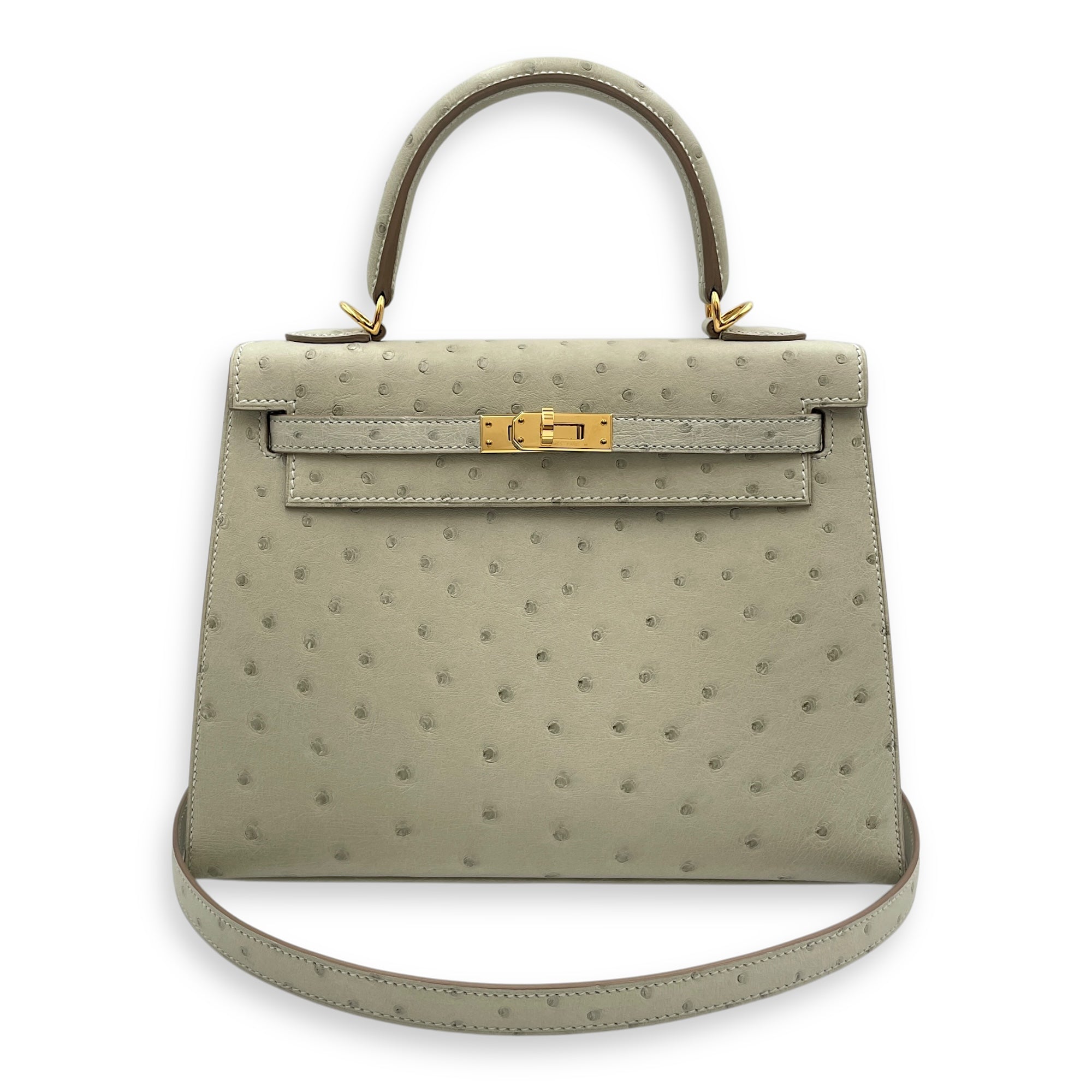 Sellier Kelly 25 Gris Perle in Ostrich, Gold hardware