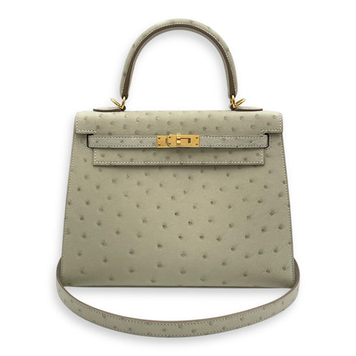 Sellier Kelly 25 Gris Perle in Ostrich, Gold hardware