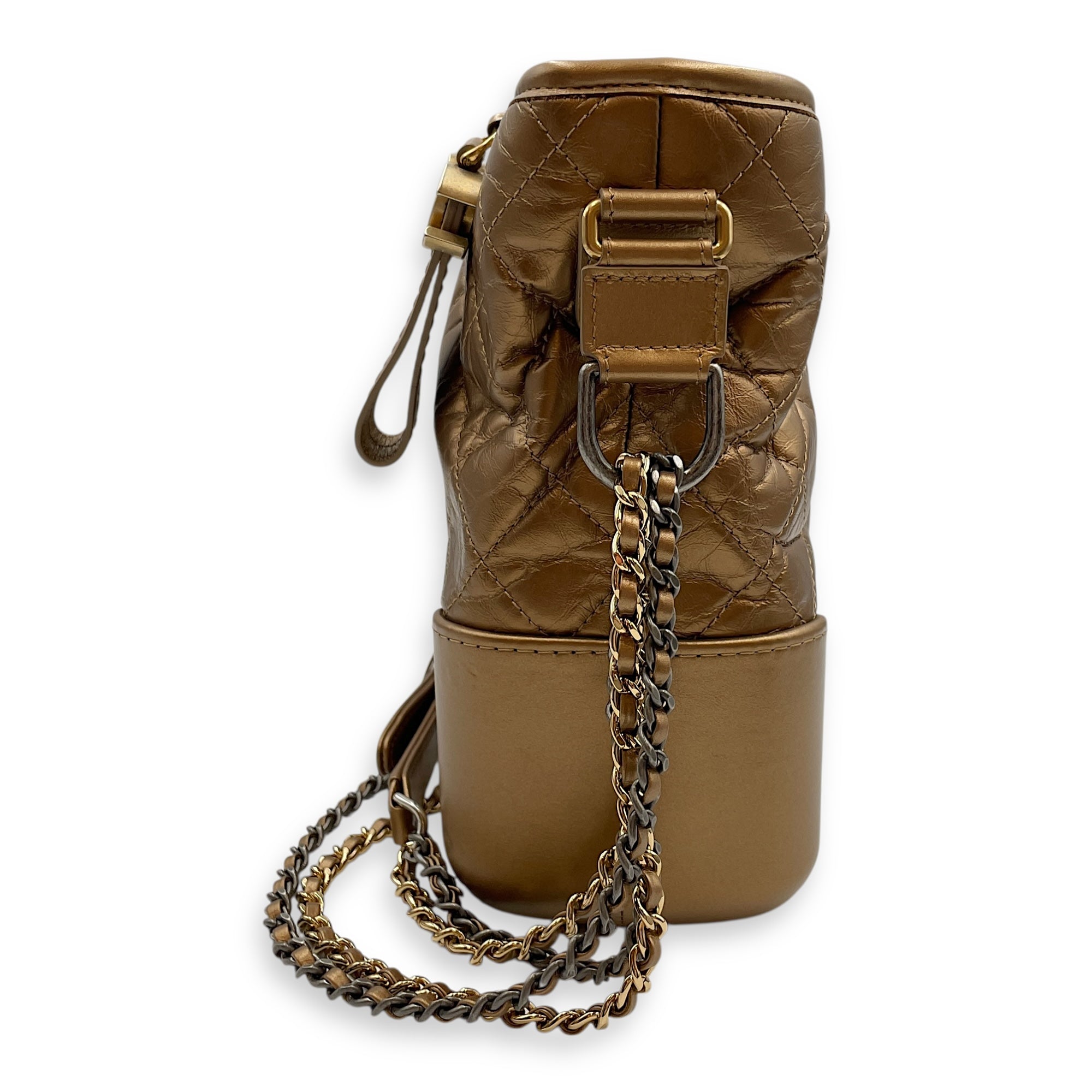 Quilted Gabrielle Metallic Gold Top Handle Bag in Distressed Leather, Tri tone hardware