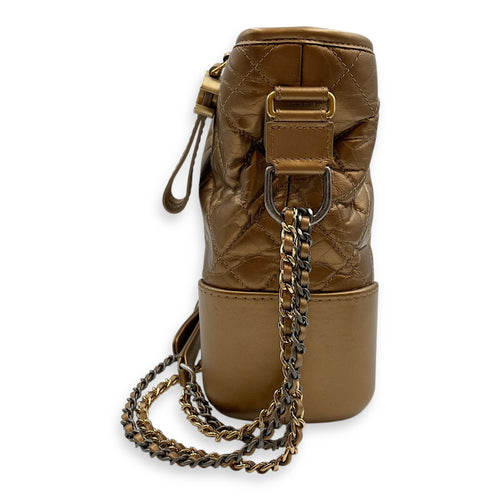 Quilted Gabrielle Metallic Gold Top Handle Bag in Distressed Leather, Tri tone hardware