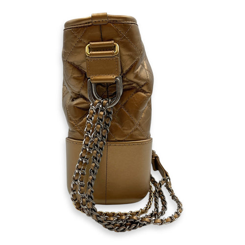 Quilted Gabrielle Metallic Gold Top Handle Bag in Distressed Leather, Tri tone hardware