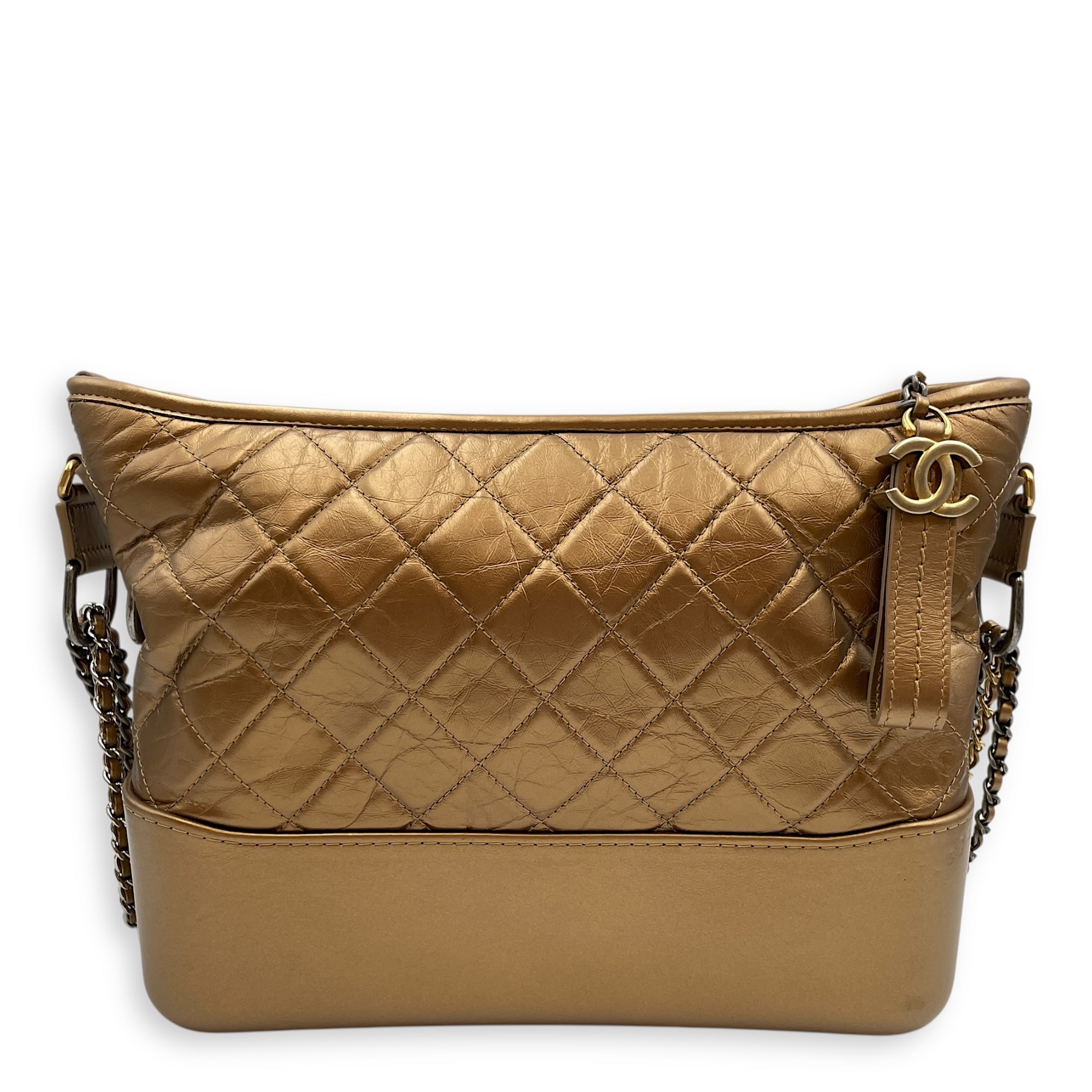 Quilted Gabrielle Metallic Gold Top Handle Bag in Distressed Leather, Tri tone hardware