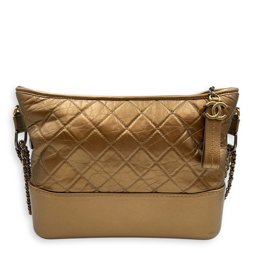 Quilted Gabrielle Metallic Gold Top Handle Bag in Distressed Leather, Tri tone hardware